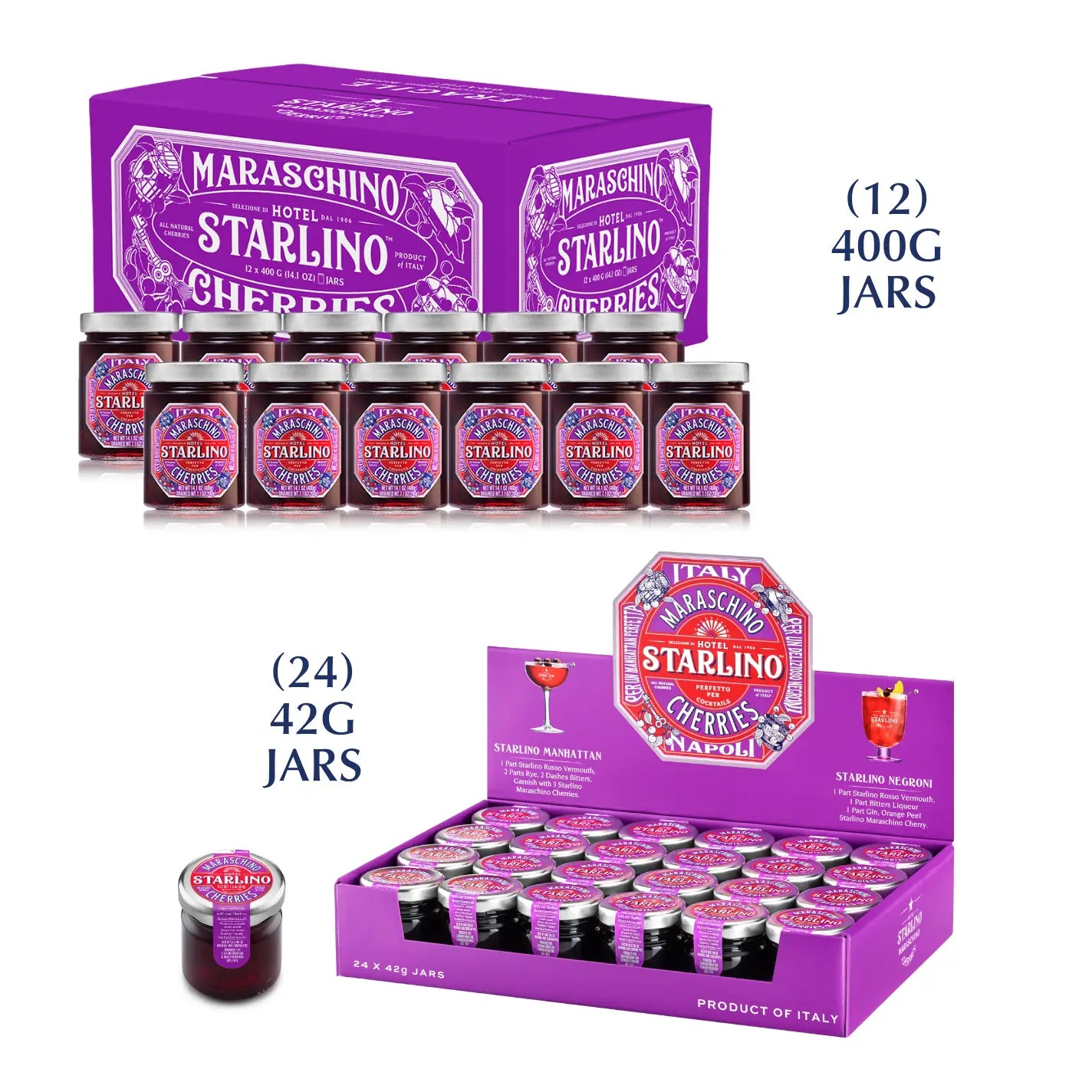 Italian Maraschino Cherries | 12x400g + 24x42g Mini Jars